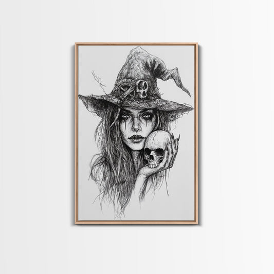 Charcoal Sketch Portrait Of a Witch Canvas Print, Dark Academia Wall Art, Moody Decor, Macabre Home Decor, Witchy Wall Art, Halloween Art