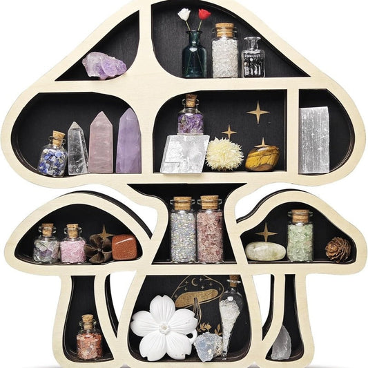 Adorable Mushroom - themed Decor. Wall - mounted Wooden Floating Mushroom Shelf. Ideal as a Crystal Display Shelf or a Rock Gem