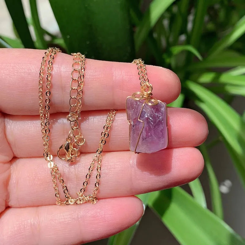 Raw Crystal Wire Wrap Gold Necklaces