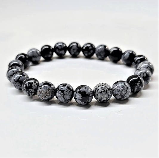Snowflake Obsidian Round Bead Bracelet - Angelic Protection