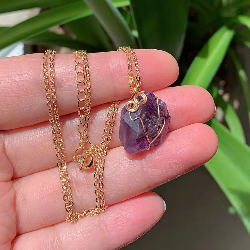 Raw Crystal Wire Wrap Gold Necklaces