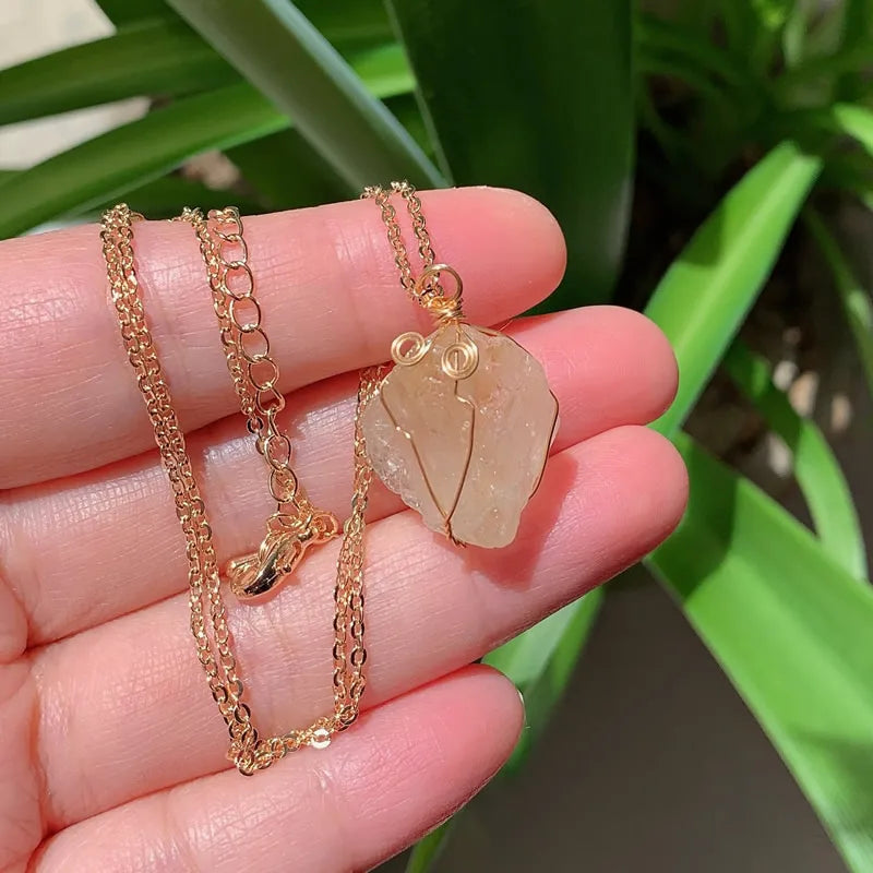 Raw Crystal Wire Wrap Gold Necklaces