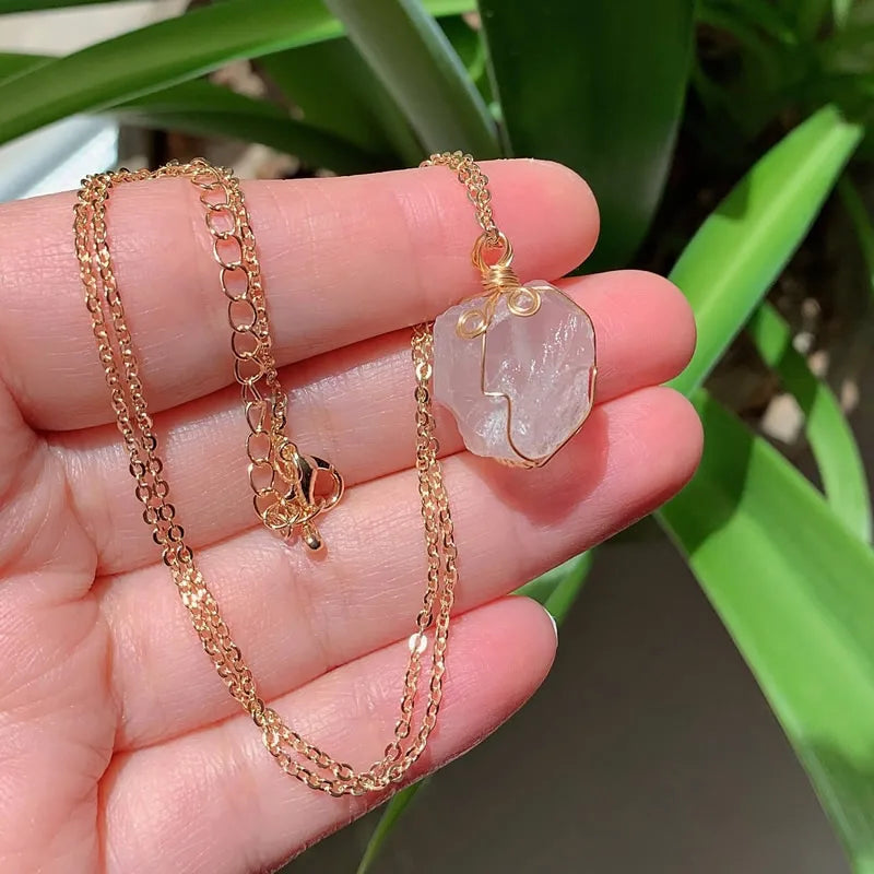 Raw Crystal Wire Wrap Gold Necklaces
