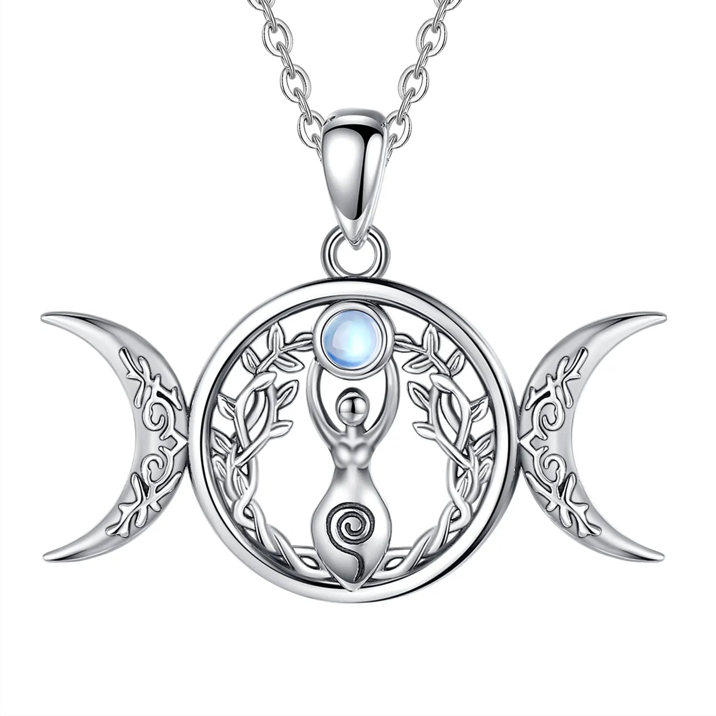 Moonstone Triple Moon Goddess Sterling Silver Necklace