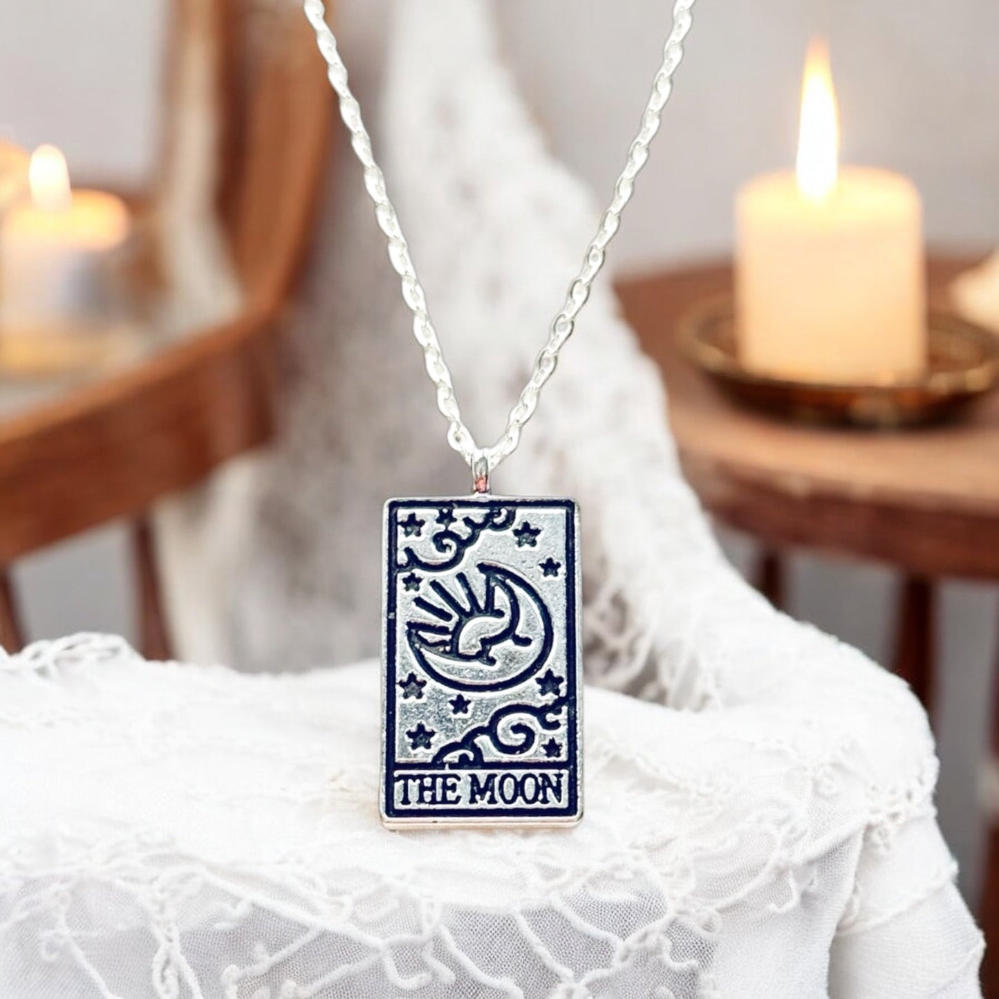 Tarot card necklace, sun, moon, star, fortune, silver magic jewelry