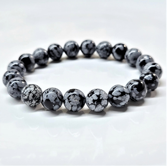 Snowflake Obsidian Round Bead Bracelet - Angelic Protection