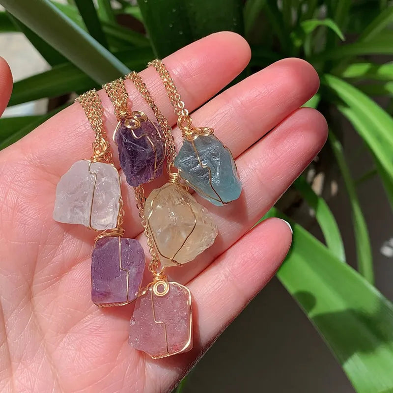 Raw Crystal Wire Wrap Gold Necklaces