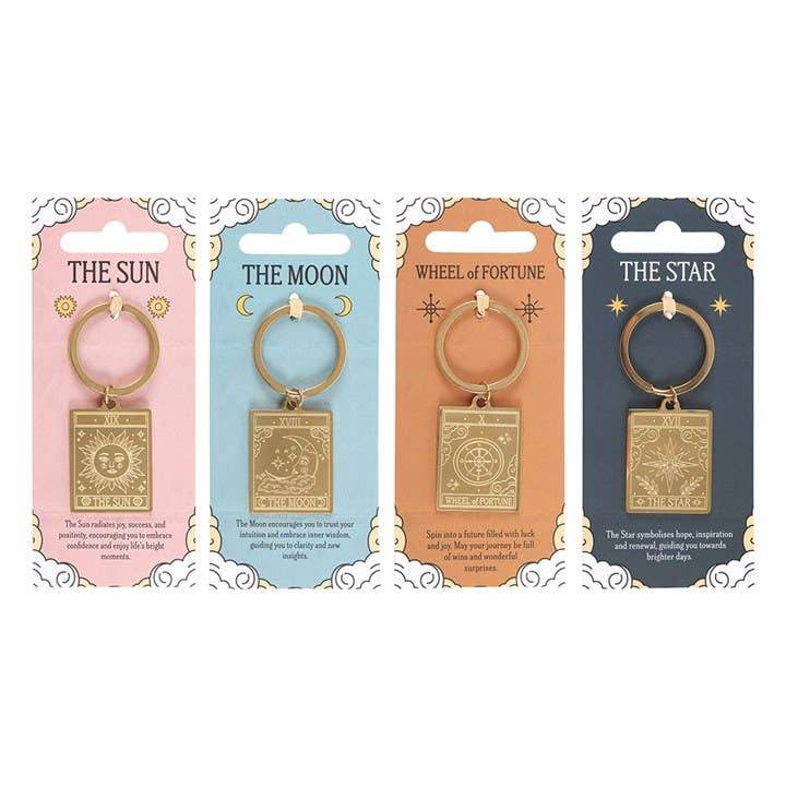 Vintage Tarot Card Keyrings, Sun, Moon, Wheel of Fortune, Star