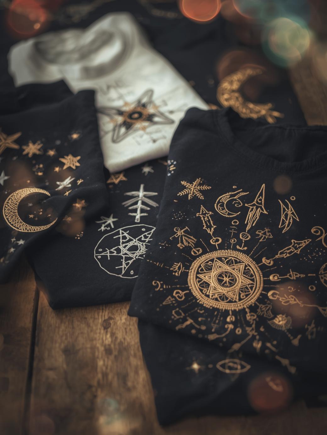 Black clothing with gold celestial designs on a wooden surface